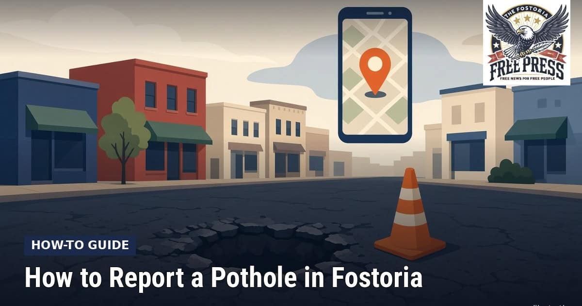 Fostoria News How to report a pothole in Fostoria with map pin and street illustration.